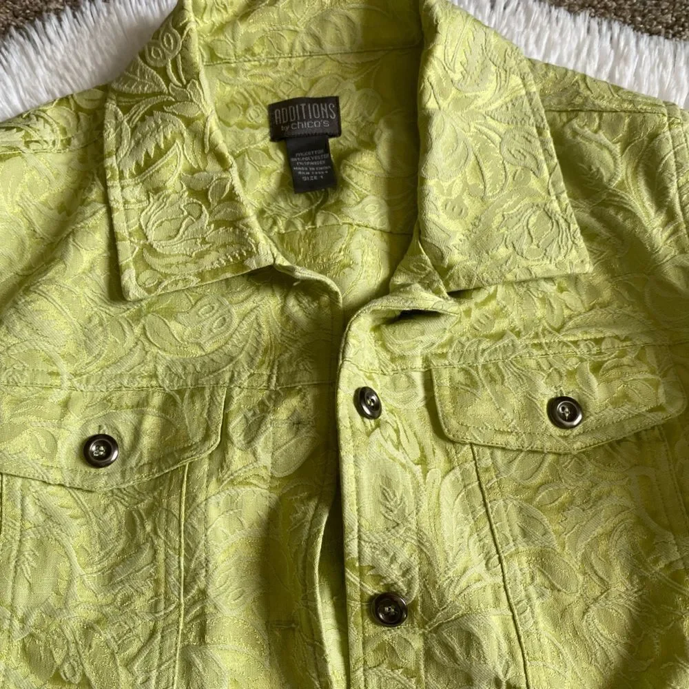 Additions by Chico’s Jacket Embroidered Button Front Lime Green Womens Medium - Picture 4 of 8